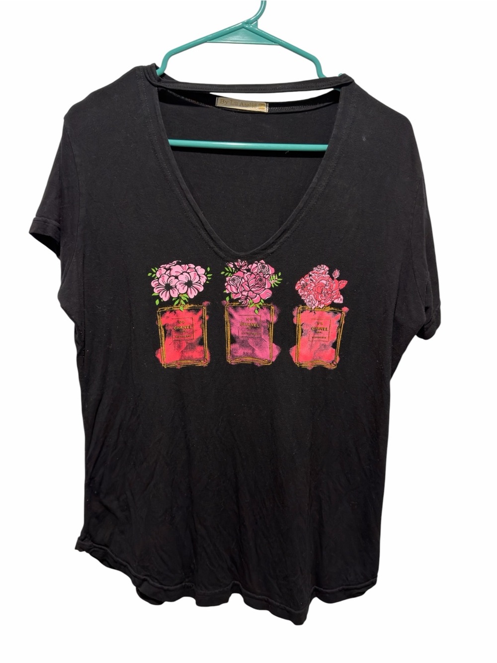 Black V-Neck Tee with Pink Floral Perfume Bottle Graphic